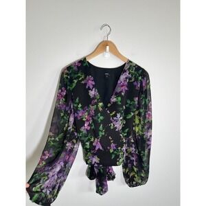 Express Dark Fairy Grunge Sheer Floral Flowy Tie Back Womens Top Black L